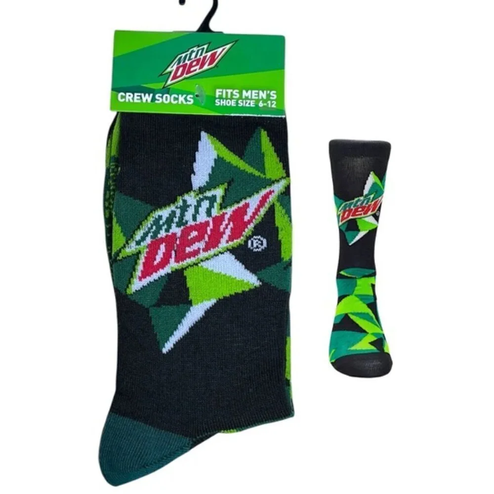 Socks Mountain Dew Novelty Crew Length Reinforced Black Green Unisex Men 6-12